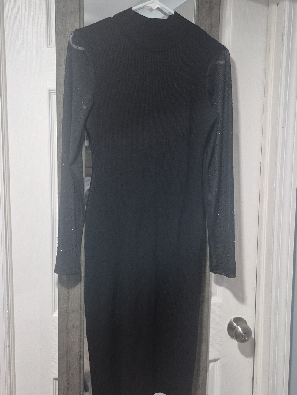 Almost Famous Black Long Sleeve Ribbed Midi Dress with Sheer Embellished Sleeves